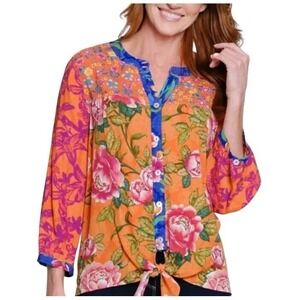 John Mark 3X‎ Orange Rose Floral Button Down Tie Front Top NWT